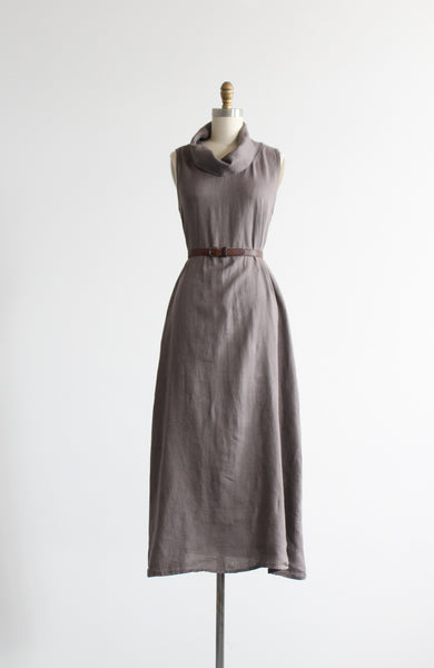 dove gray linen cowl-neck dress