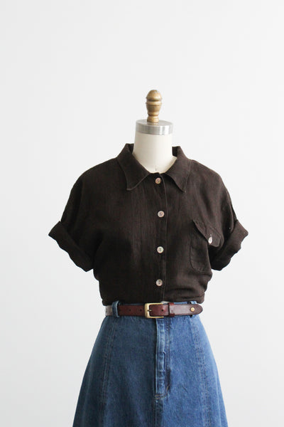 boxy espresso linen button up