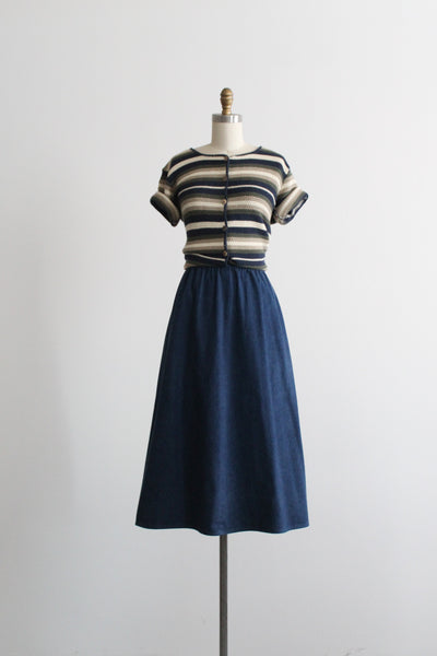 indigo denim midi skirt