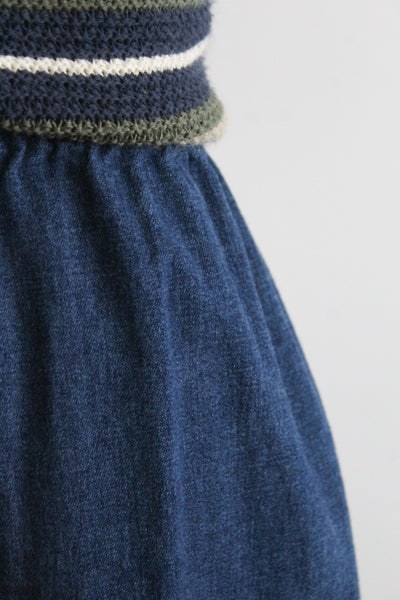 indigo denim midi skirt