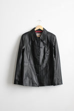 button-front black leather jacket