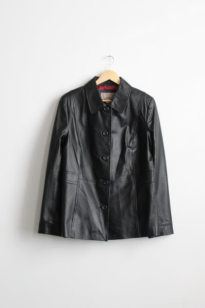button-front black leather jacket