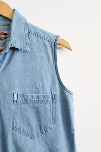 sleeveless denim button up