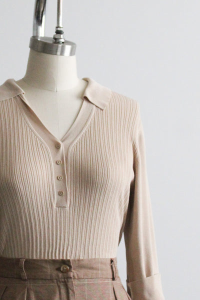 almond silk knit blouse