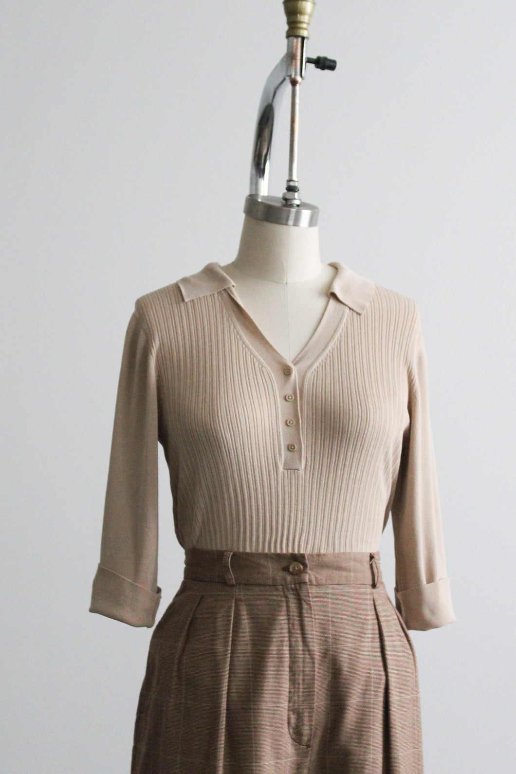 almond silk knit blouse