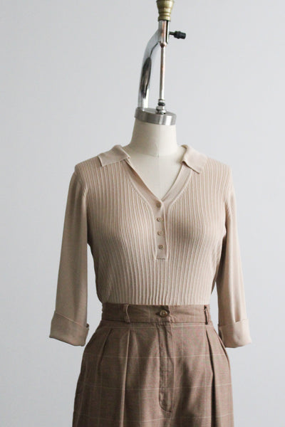 almond silk knit blouse