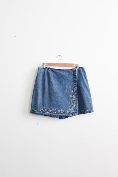 embroidered denim skort