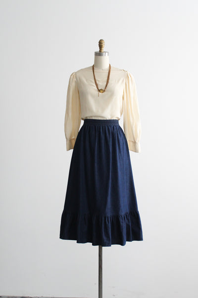 indigo denim midi ruffle skirt