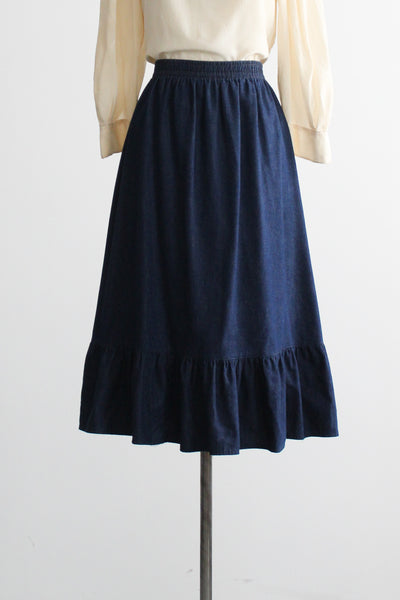indigo denim midi ruffle skirt