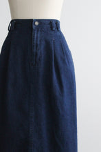 indigo denim midi skirt