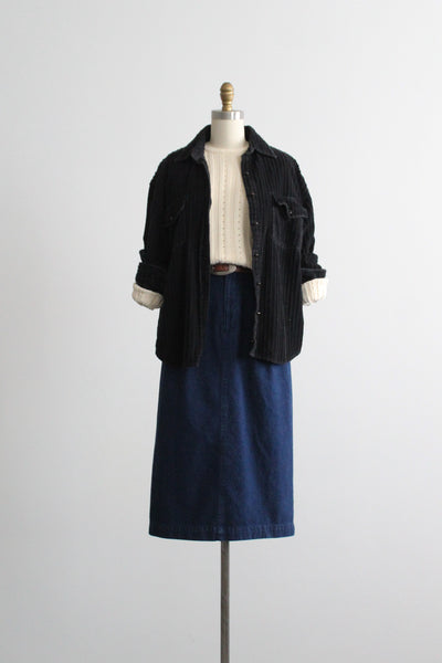 indigo denim midi skirt