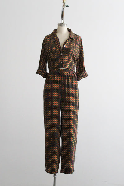 windowpane silk trousers set
