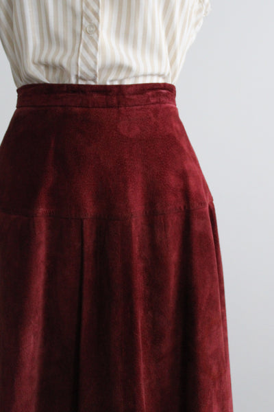 oxblood suede midi skirt
