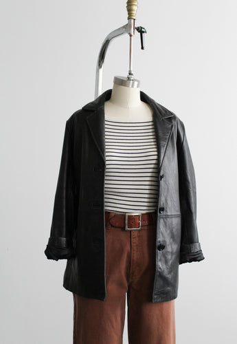 button-front black leather jacket