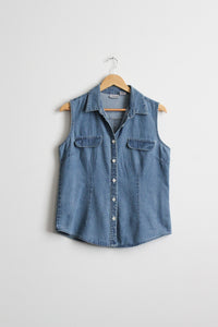 sleeveless denim button up