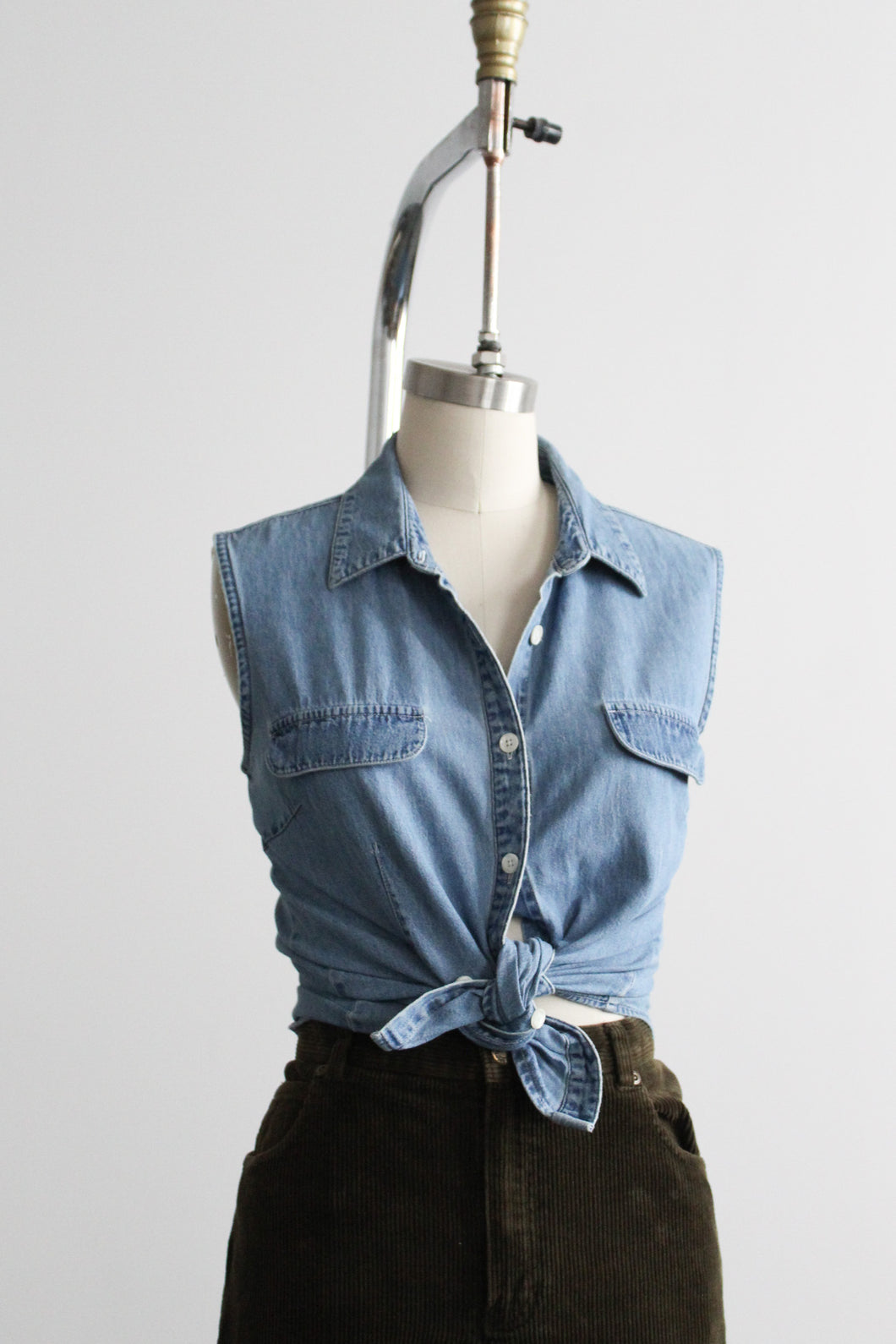 sleeveless denim button up