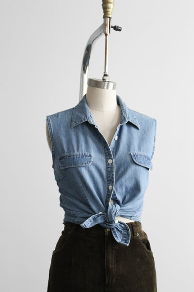 sleeveless denim button up