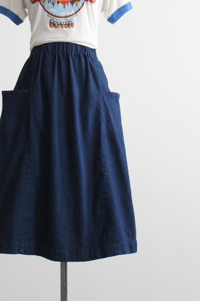 indigo denim midi skirt