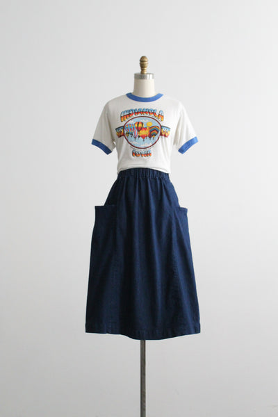 indigo denim midi skirt