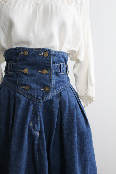 high waisted denim midi skirt