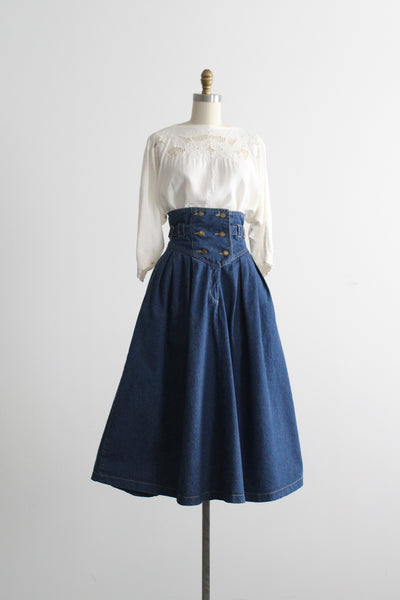 high waisted denim midi skirt