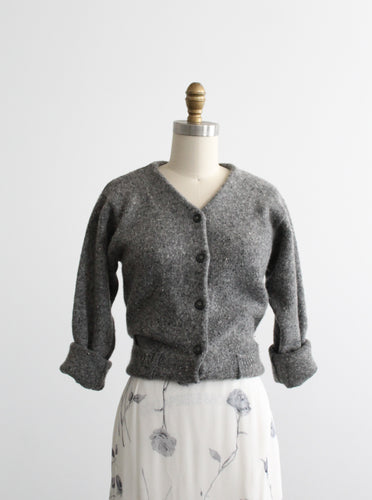 heathered gray cardigan