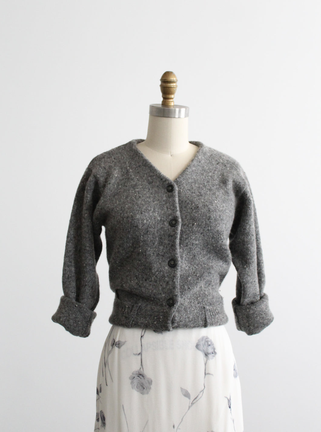 heathered gray cardigan